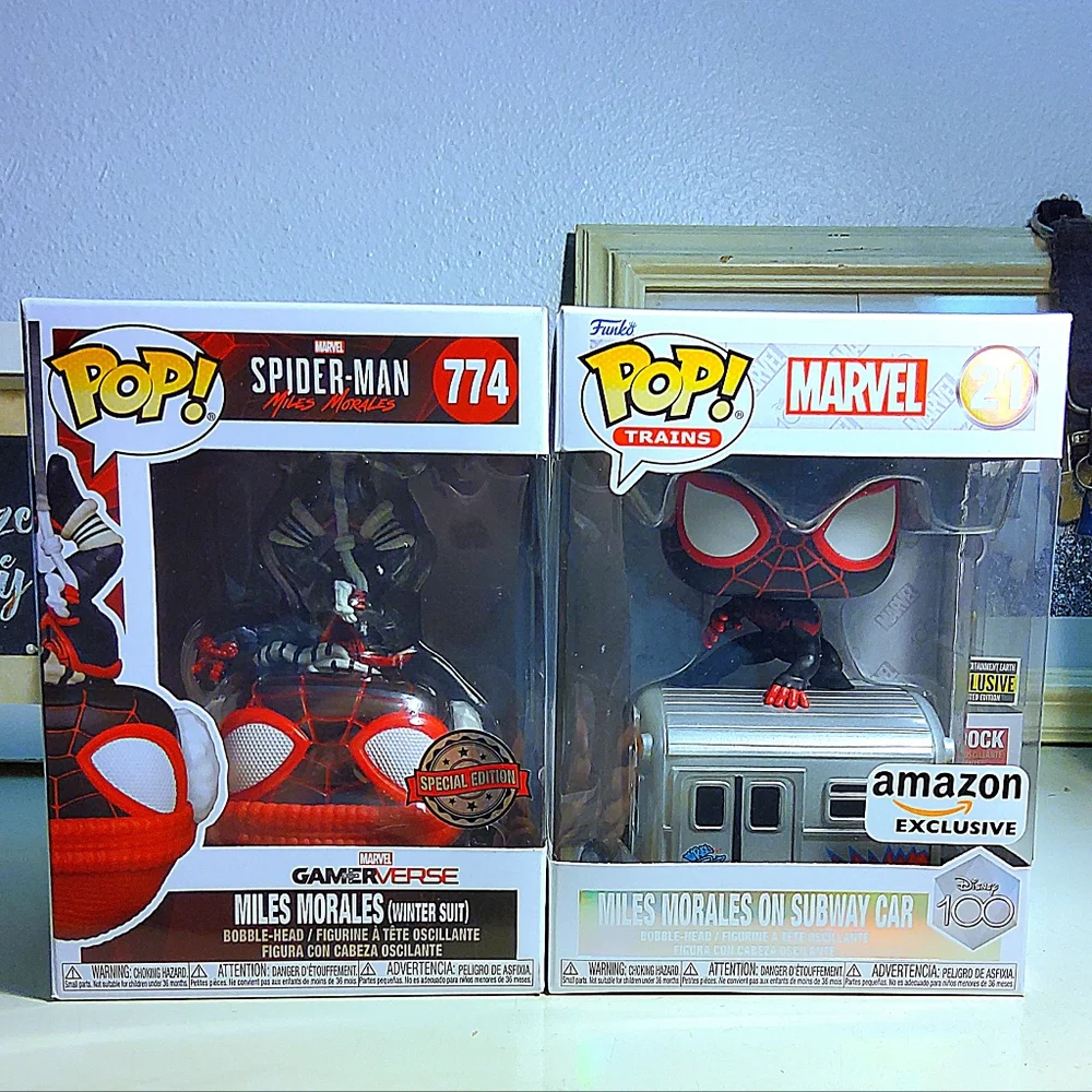 Funko Pop #774 Miles Morales Winter Suit Excl #21 Miles on Subway Train w Cases - Picture 2 of 13